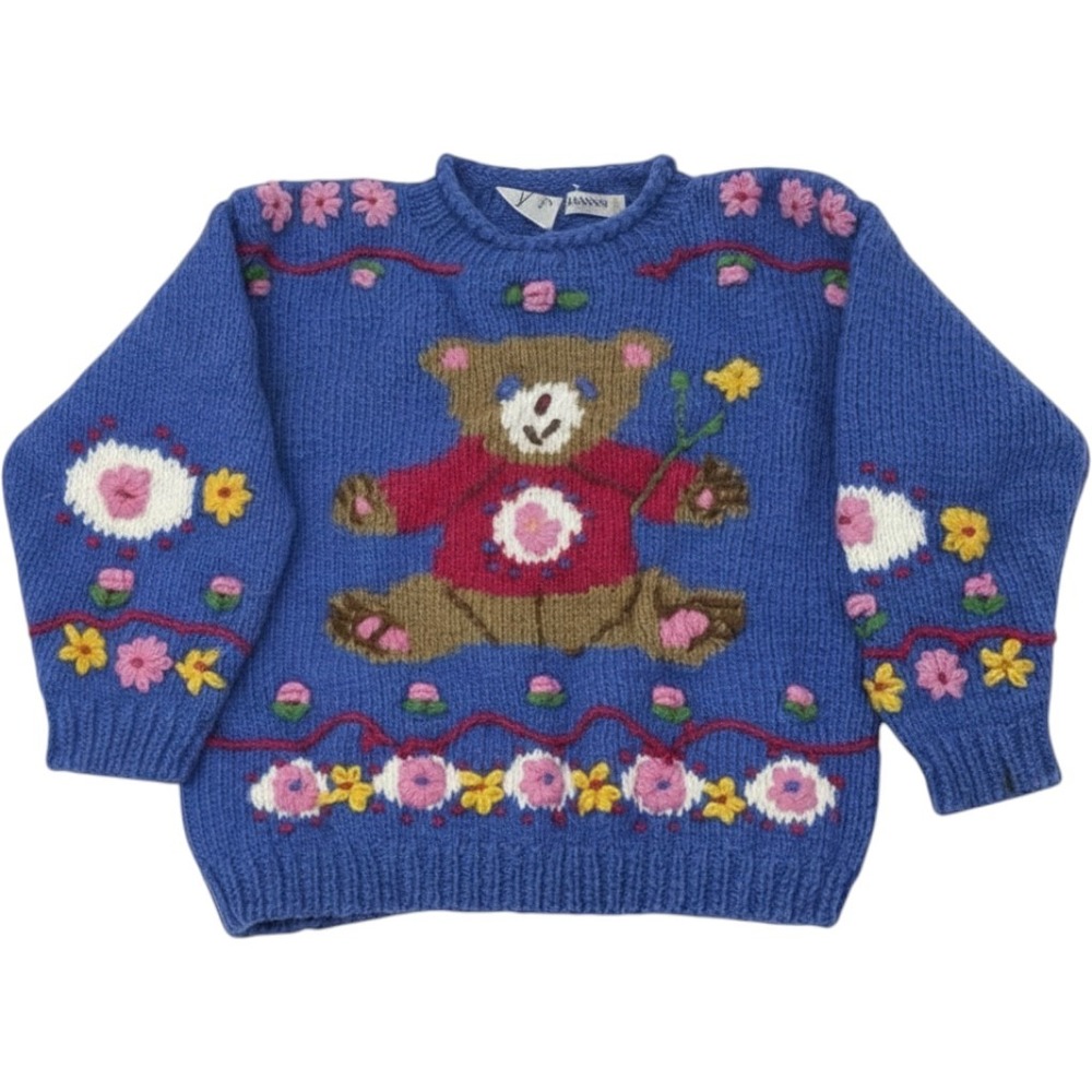 VTG Teddy Bear Hand Knit Sweater Girls L 6 6X Blue Wool Blend Cottagecore Floral